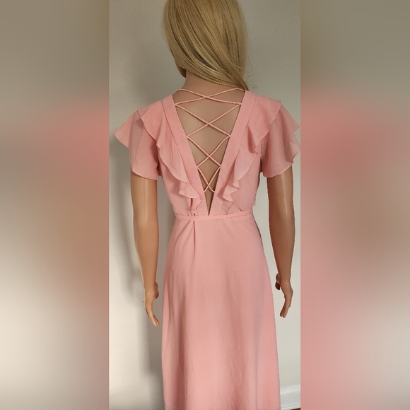 NEW LOOK SOFT PINK RUFFLES CRISS CROSS OPEN BACK WRAP STYLE MIDI DRESS US.6 NWOT - Picture 9 of 13